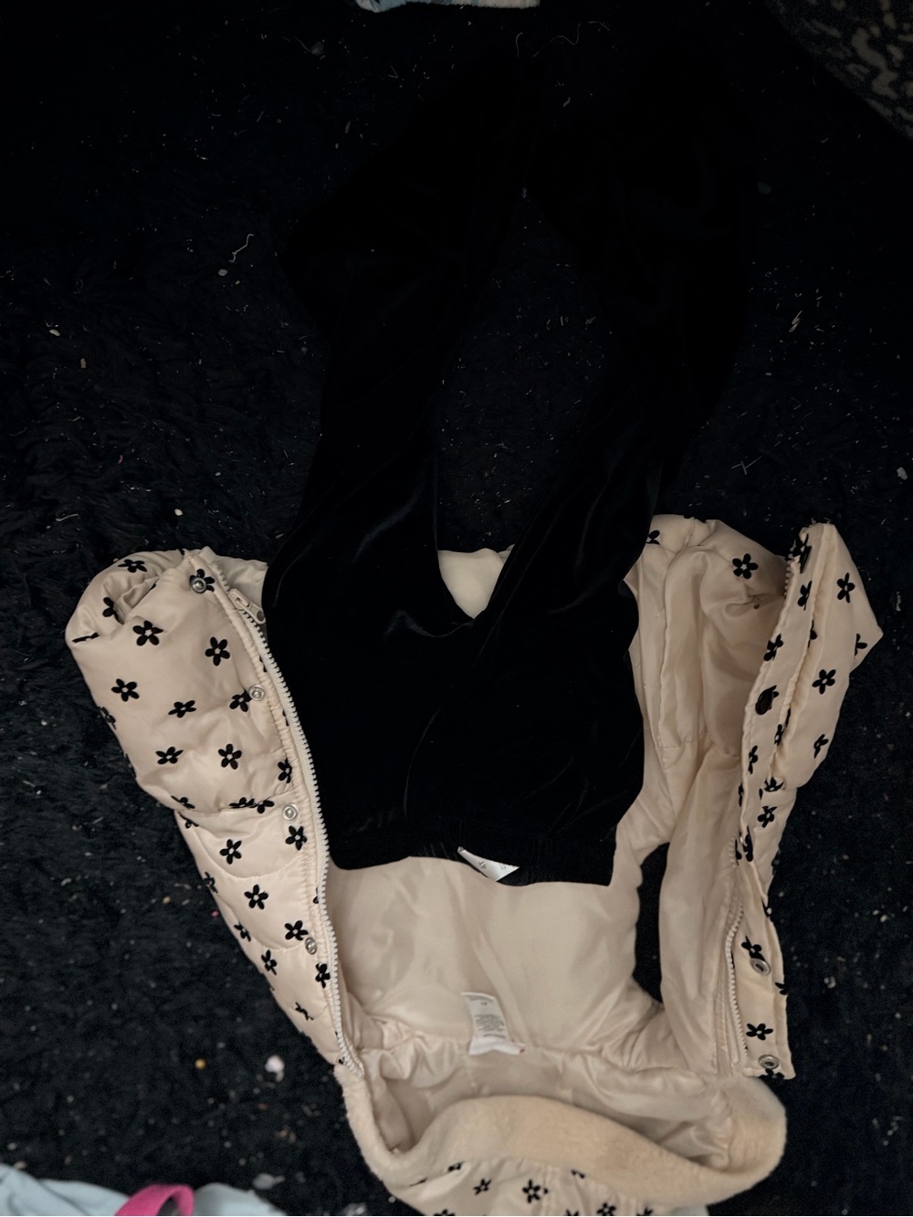 Black Velvet pants with Ivory Floral Puffer Vest